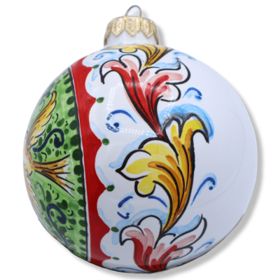 Palla di Natale ceramica Caltagirone, decoro barocco e scenario con uccelli, Ø 9 cm ca. - 