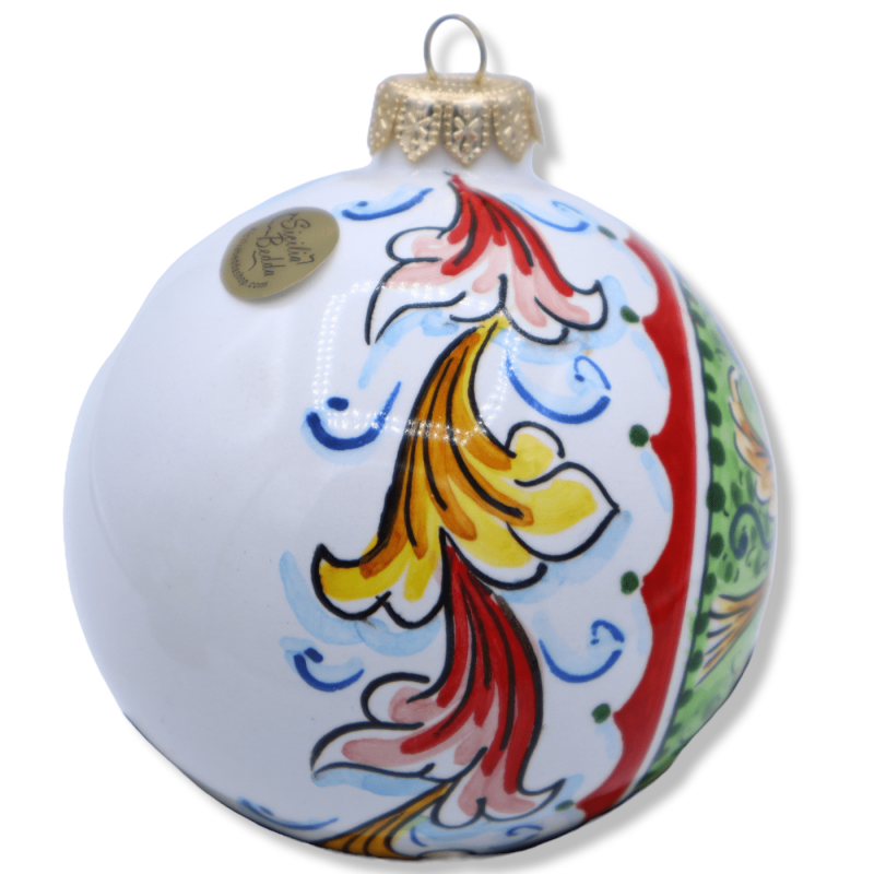 Palla di Natale ceramica Caltagirone, decoro barocco e scenario con uccelli, Ø 9 cm ca. - 