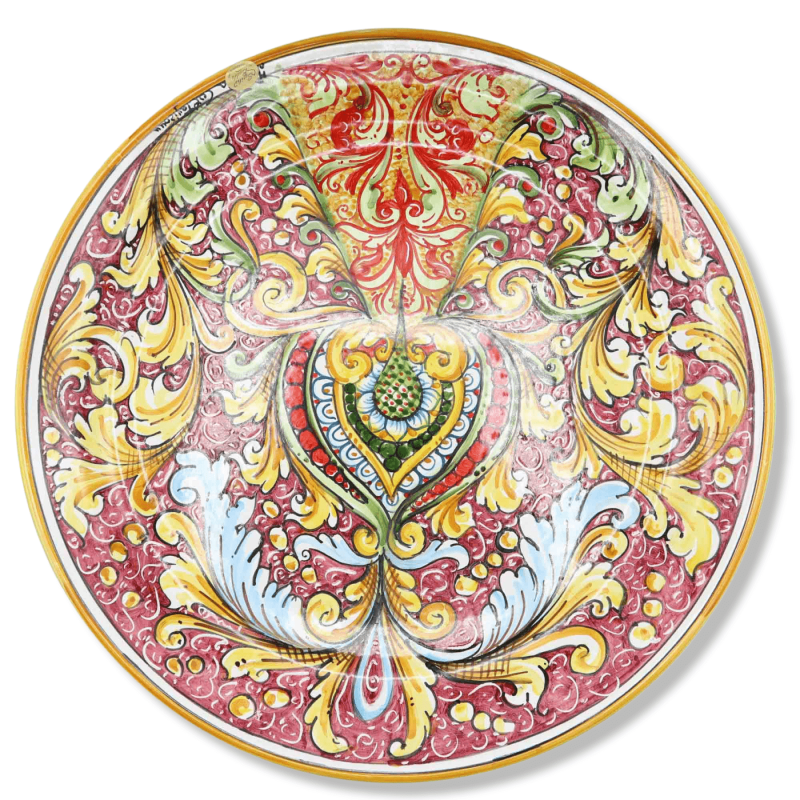 Ornamental plate in Caltagirone ceramic, baroque & floral decoration on a red background, Ø 45 cm approx. Mod BR - 