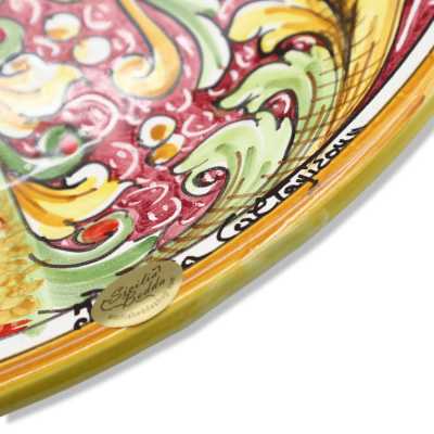 Piatto Ornamentale in ceramica di Caltagirone, decoro barocco su fondo rosso, Ø 45 cm ca. Mod BR - 