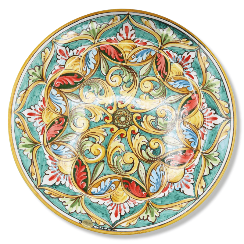 Plato ornamental en cerámica Caltagirone, decoración barroca palermitana y floral sobre fondo verde, Ø 45 cm aprox. Mode