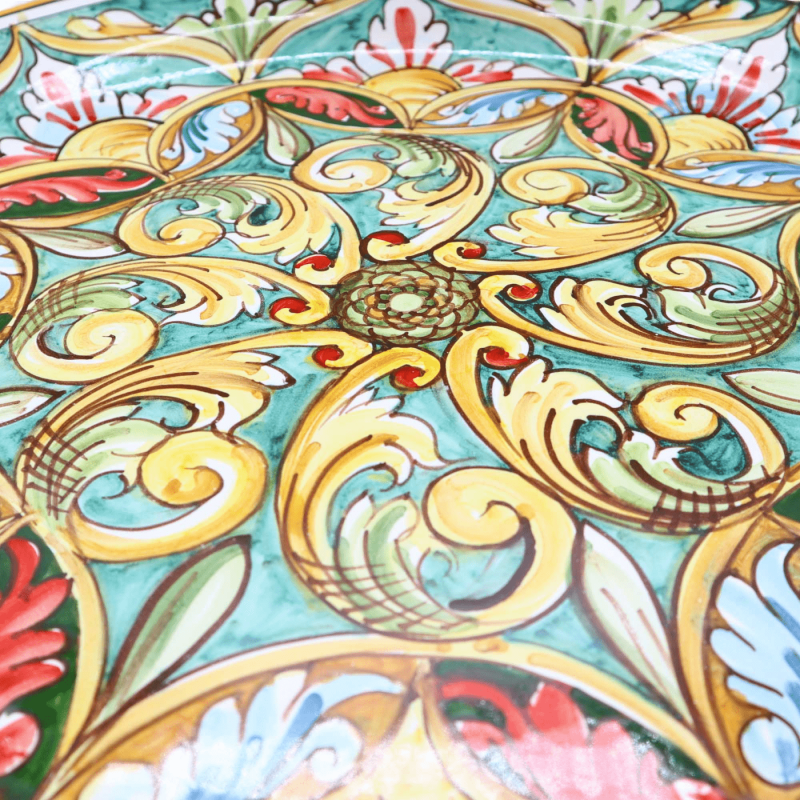 Płyta dekoracyjna w ceramice Caltagirone, barokowe dekoracje Palermo & kwiatowe na zielonym tle, Ø 45 cm. Mod BR - 