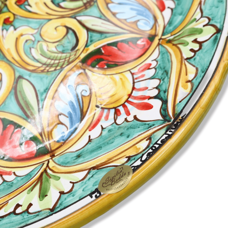 Płyta dekoracyjna w ceramice Caltagirone, barokowe dekoracje Palermo & kwiatowe na zielonym tle, Ø 45 cm. Mod BR - 