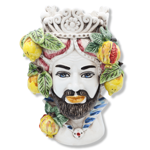 Norman keramisch hoofd van Caltagirone, met bordeaux turban en fruitapplicaties, h 27 cm approx. Mod RP