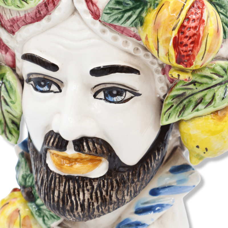 Norman head in Caltagirone ceramics, with burgundy turban and fruit applications, h 30 cm approx. (1Pcs) Mod RP - 