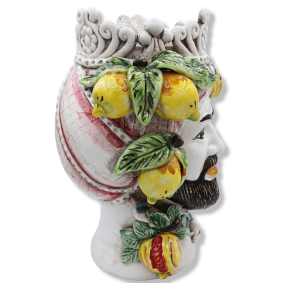 Cabeça normanda em cerâmica Caltagirone, com turbante bordô e aplicações de frutas, h 30 cm aprox. (1Pçs) Mod RP - 