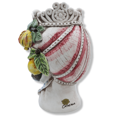 Normannischer Kopf aus Caltagirone-Keramik, mit burgunderfarbenem Turban und Fruchtapplikationen, ca. 30 cm hoch. (1 Stü