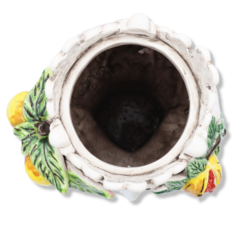 Norman keramisch hoofd van Caltagirone, met bordeaux turban en fruitapplicaties, h 27 cm approx. Mod RP - 