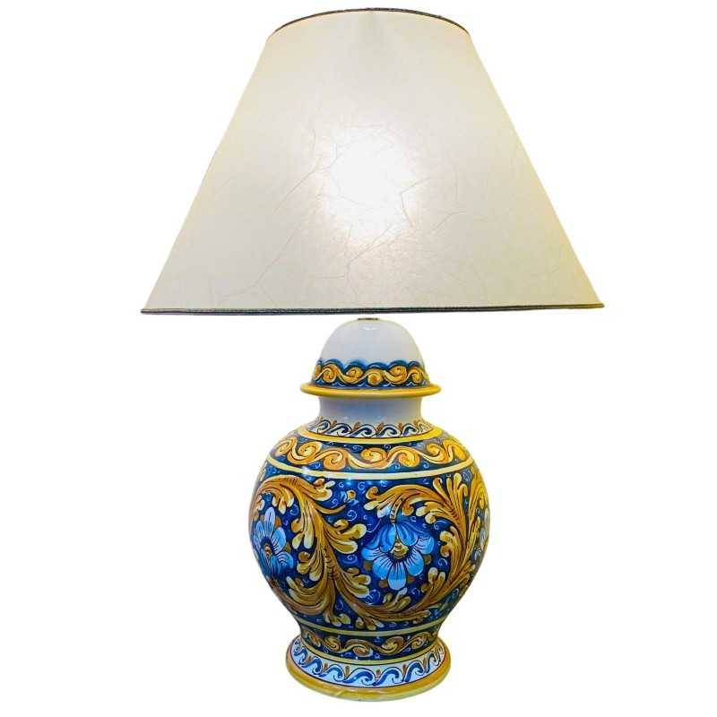 Caltagirone ceramic lamp with Ornate Baroque decoration Cobalt Blue background and Flowers, fine parchment lampshade h70