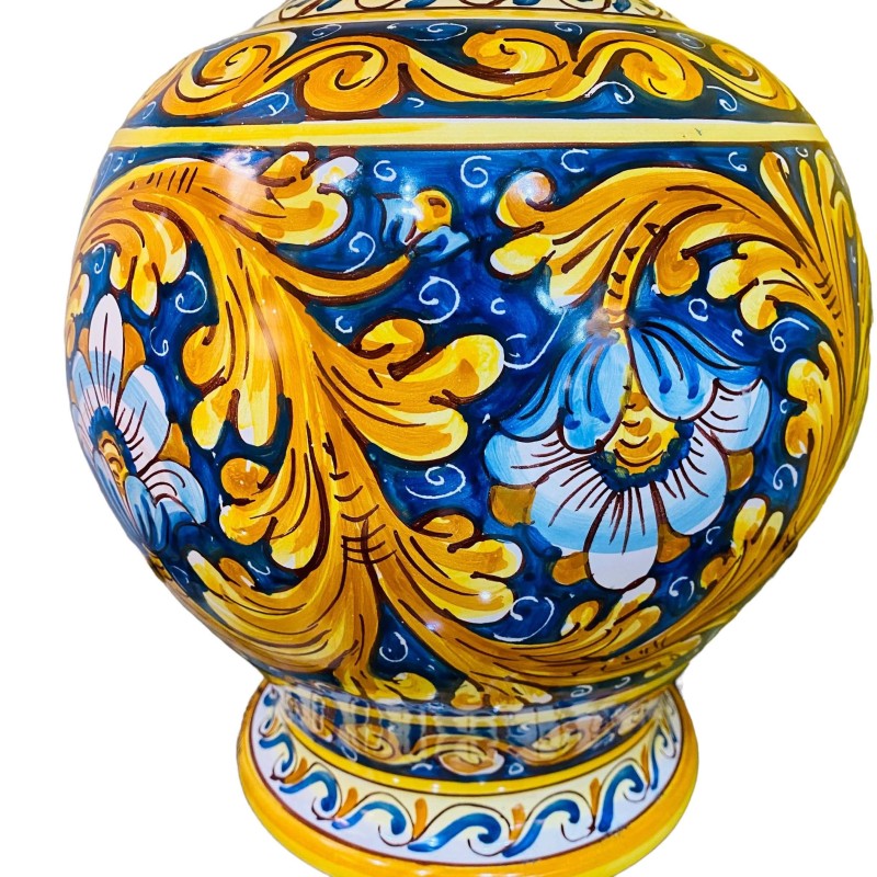 Caltagirone ceramic lamp with Ornate Baroque decoration Cobalt Blue background and Flowers, fine parchment lampshade h70
