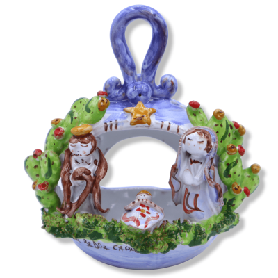 Sicilian ceramic candle holder crib, prickly pear decoration on a selectable color background, h 16 cm x w 13 cm approx.