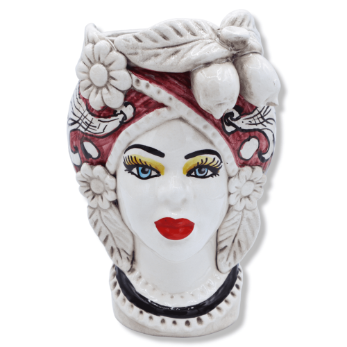 Cerámica Caltagirone marrón oscuro, corona de frutas y decoración barroca sobre fondo burdeos, h 20 cm aprox. (1pc) Mod RP