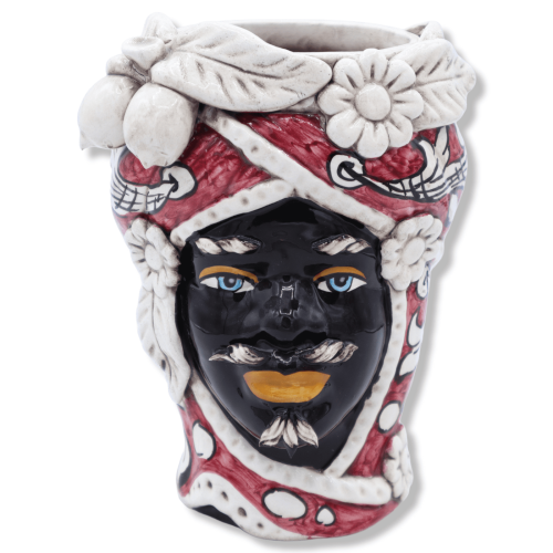 Maurenkopf aus maurischer Caltagirone-Keramik, Fruchtkrone und barockem Dekor auf burgunderrotem Hintergrund, H ca. 20 c 2