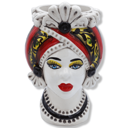 Mohrenkopf aus Caltagirone-Keramik, mit Fries und Verzierung aus dem 17. Jahrhundert auf rotem Grund, ca. 20 cm hoch. (1 Stück)