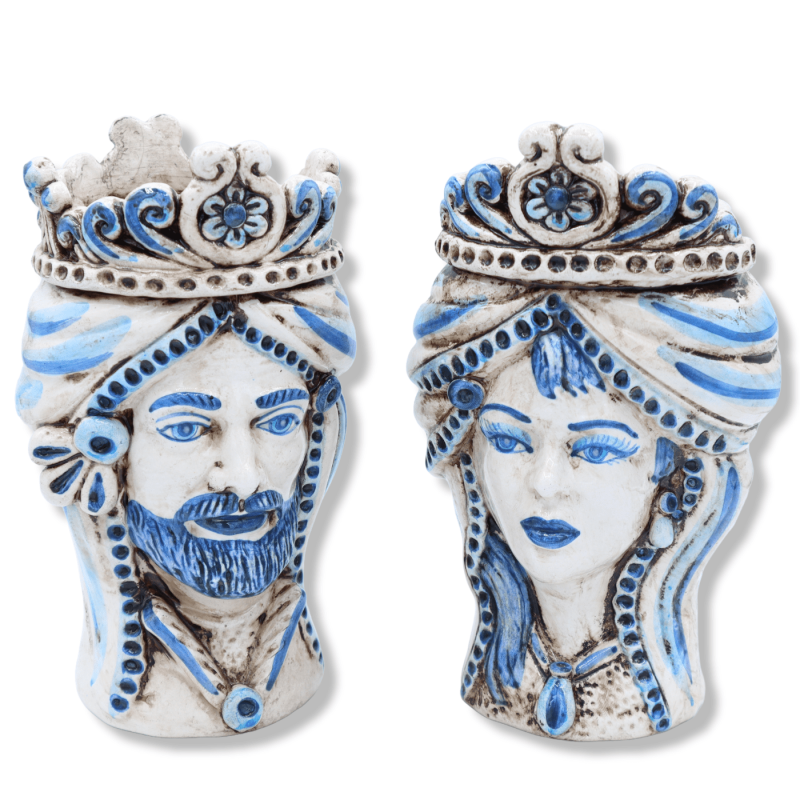 Testa Normanna in ceramica Caltagirone, con corona su fondo blu anticato, h 20 cm ca. (1pz) Mod RP - 