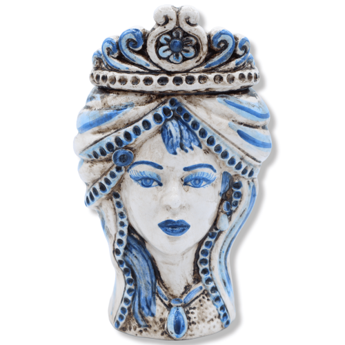 Testa Normanna in ceramica Caltagirone, con corona su fondo blu anticato, h 20 cm ca. (1Unità) Mod RP -  2