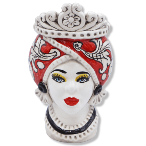 Cerámica Caltagirone marrón oscuro, con corona y decoración barroca sobre fondo rojo, h 20 cm aprox. (1pc) Mod RP