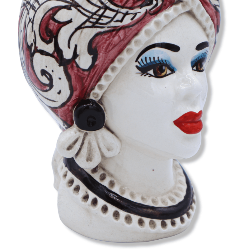 Testa di moro ceramica Caltagirone, con fregio e decoro '600 su fondo rosso, h 20 cm ca. (1pz) Mod RP - 