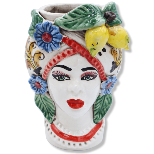 Dunkelbrauner Kopf aus Caltagirone-Keramik, Zitronen- und Blumenkrone und Blumendekor, ca. H 20 cm. (1 Stück) RP Mod