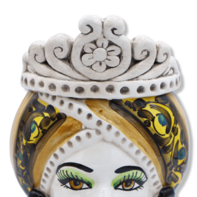 Cerâmica Caltagirone castanha escura, com coroa e decoração barroca sobre fundo laranja, altura 20 cm aprox. (1pc) Mod R