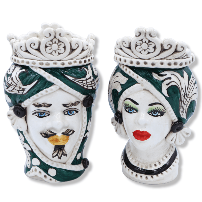 Testa di moro ceramica Caltagirone, con corona e decoro barocco su fondo verde, h 20 cm ca. (1pz) Mod RP - 