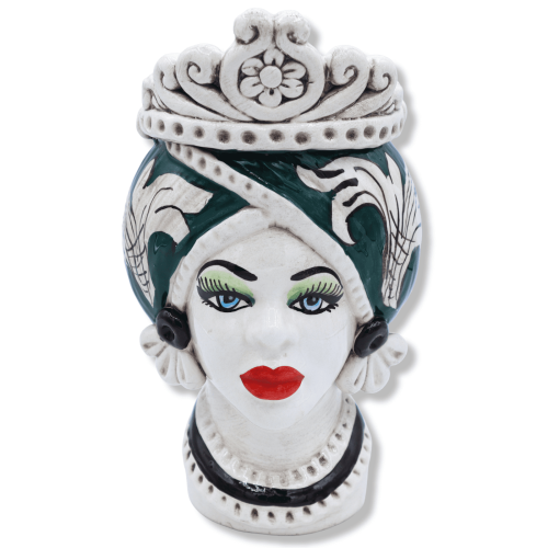 Tête marron foncé en céramique Caltagirone, avec couronne et décor baroque sur fond vert, environ h 20 cm. (1pc)Module RP