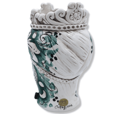 Tête marron foncé en céramique Caltagirone, avec couronne et décor baroque sur fond vert, environ h 20 cm. (1pc)Module R