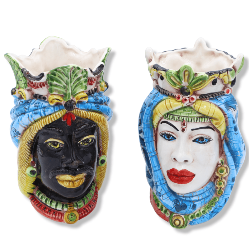 Coppia teste di moro in ceramica di Caltagirone con corona e turbante, h 18 cm ca. Mod BR - 