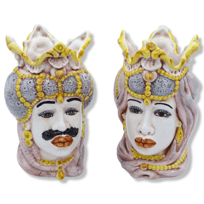 Coppia teste di moro in ceramica di Caltagirone con corona e turbante, h 18 cm ca. Mod BR - 