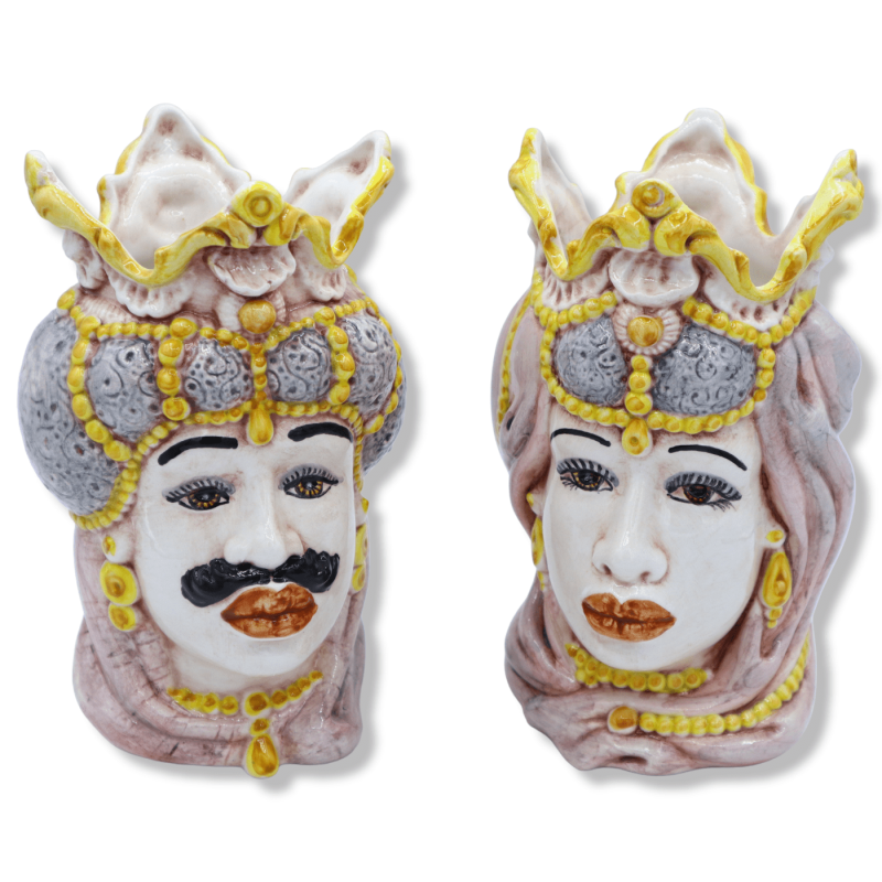 Pair of Moorish heads in Caltagirone ceramic with crown and turban, h 18 cm approx. Mod BR - 