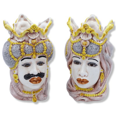 Paar dunkelbraune Köpfe aus Caltagirone-Keramik mit Krone und Turban, ca. 18 cm hoch. BR-Mod - 