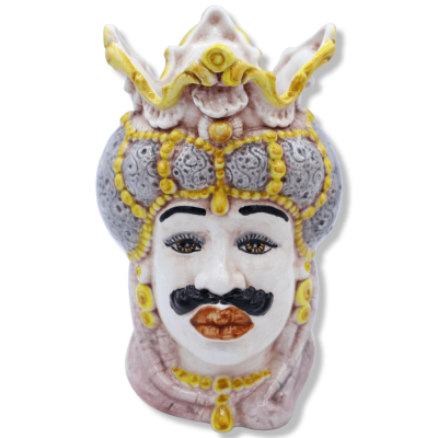 Pair of Moorish heads in Caltagirone ceramic with crown and turban, h 18 cm approx. Mod BR - 