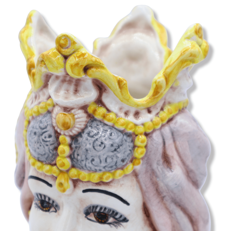 Pair of Moorish heads in Caltagirone ceramic with crown and turban, h 18 cm approx. Mod BR - 