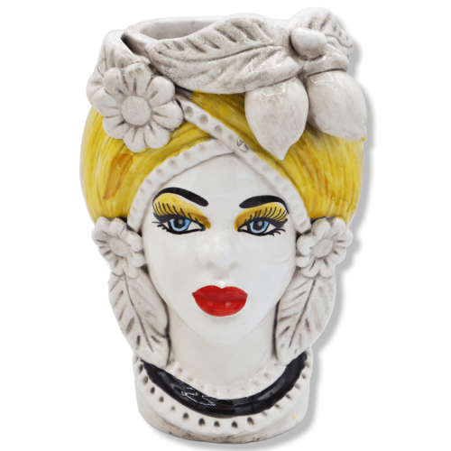 Ceramic blackberry hoofd Caltagirone, met fruitkroon en op gele achtergrond, 20 cm approx. Mod RP