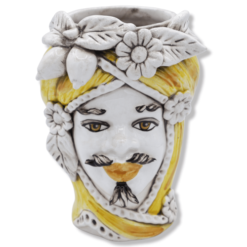 Tête marron foncé en céramique Caltagirone, avec couronne de fruits et sur fond jaune, d'environ 20 cm de haut. (1pc)Mod 2