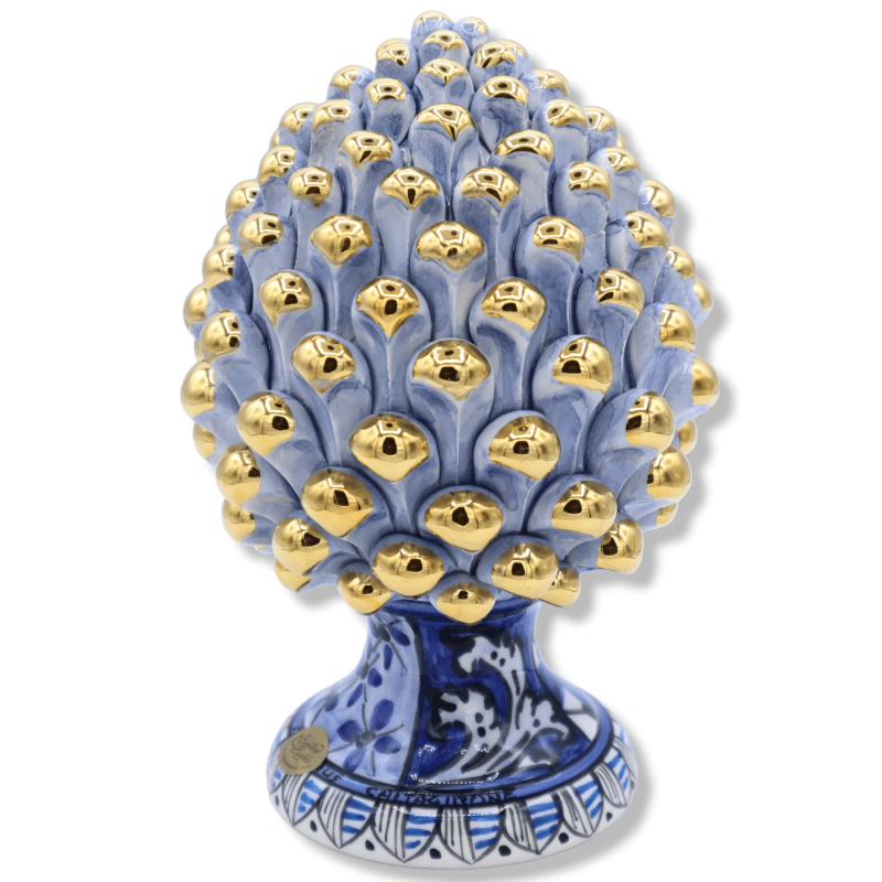 Piña de pino siciliano Serie Caltagirone Elite, tallo Azul Antiguo y Diseño Moderno, esmalte Oro Puro 24k, h 20 cm aprox