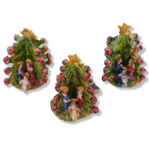 Composición de belén en árbol tridimensional en cerámica siciliana, detalles y personajes en relieve, h 7 cm aprox. Mod 