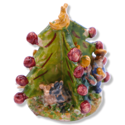 Nativity scene composition in three-dimensional tree in Sicilian ceramic, details and characters in relief, h 7 cm appro