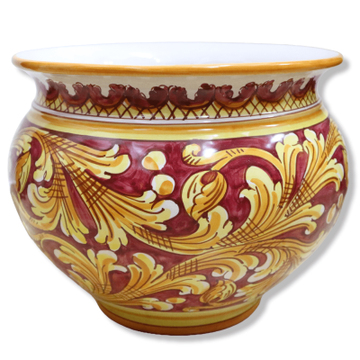 Cachepot Vaso dla ceramicznych roślin Caltagirone, barokowy dekor na tle bordeaux, dostępny w różnych wymiarach - Mod BR