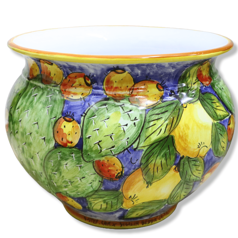 Cachepot Pot de fleurs sicilien en céramique, décoration figue de Barbarie sur fond bleu, avec différentes options de ta