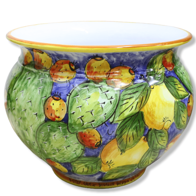Cachepot Vaso per piante in ceramica siciliana, decoro fichidindia fondo blu, disponibile in varie misure - Mod GR - 