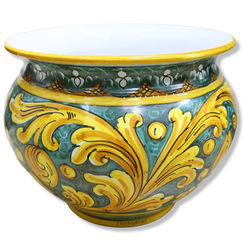 Cachepot Vaso per piante in ceramica Caltagirone, decoro Barocco su fondo verderame, con diverse opzioni dimensione (1pz