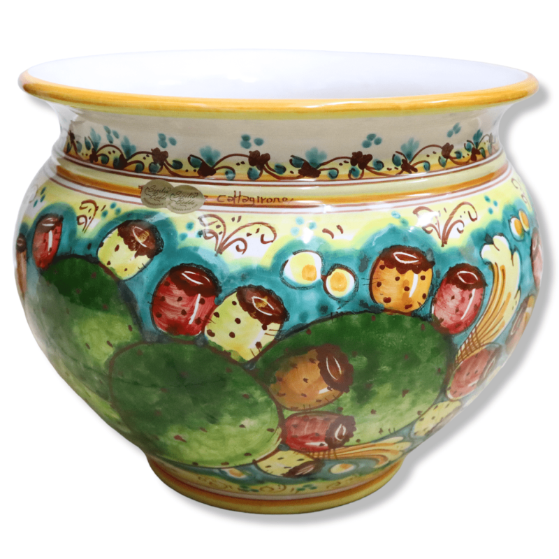 Cachepot Vaso per piante in ceramica Caltagirone, decoro pala di ficodindia, con diverse opzioni dimensione (1pz) - 