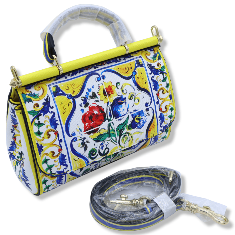 Bolso bandolera con asa y decoración que representa elementos sicilianos sobre un fondo amarillo - 