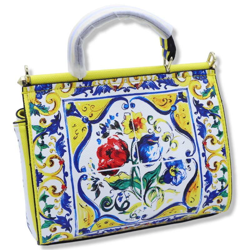 Borsa a Tracolla con manico, decoro Maioliche Siciliane e Fiori su fondo giallo, 2 misure disponibili - 