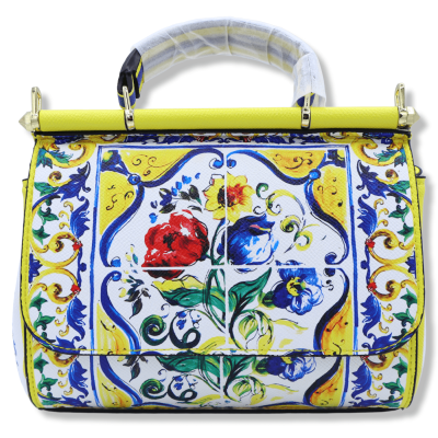 Borsa a Tracolla con manico, decoro Maioliche Siciliane e Fiori su fondo giallo, 2 misure disponibili - 
