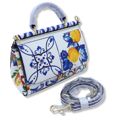 Shoulder bag with handle and decoration depicting Sicilian elements & lemons on a white background - 