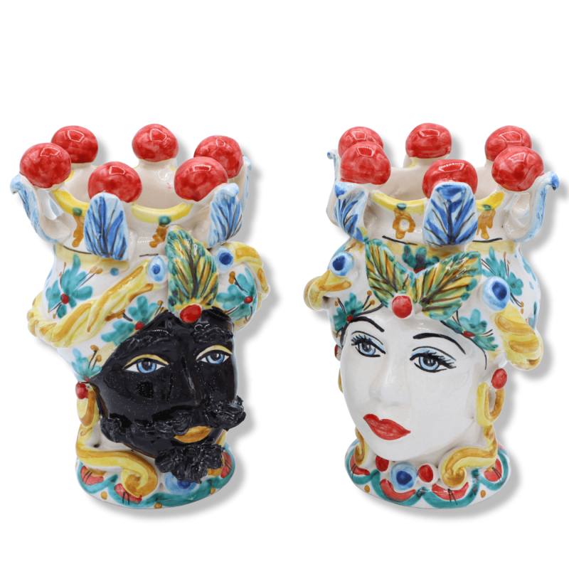 Coppia Teste di Moro in ceramica Caltagirone con Corona e Turbante, decoro floreale, Altezza 16 cm ca. Mod MN - 