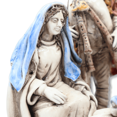 Grande crèche en céramique de Caltagirone, Sainte Famille avec joueur de cornemuse et palmiers sur socle baroque, enviro