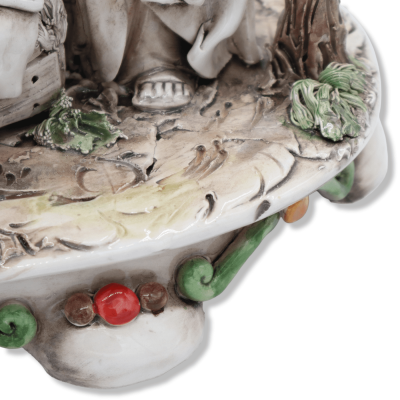 Large ceramic Nativity scene from Caltagirone, Holy Family with bagpiper and palm trees on a baroque base, approx. 37 x 